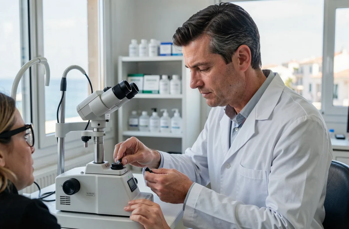 Opticien de l'Optique du Littoral Pontet manipulant des lentilles de contact avec un instrument de mesure spécialisé dans une salle de consultation professionnelle à Marseille