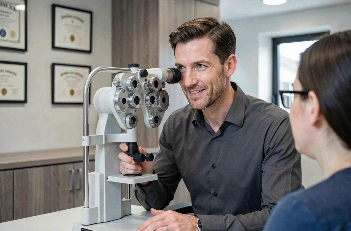 Dorian de Blasis, opticien d'Optique République, réalisant un examen de vue avec un phoroptère numérique moderne dans une salle de consultation contemporaine à Marseille