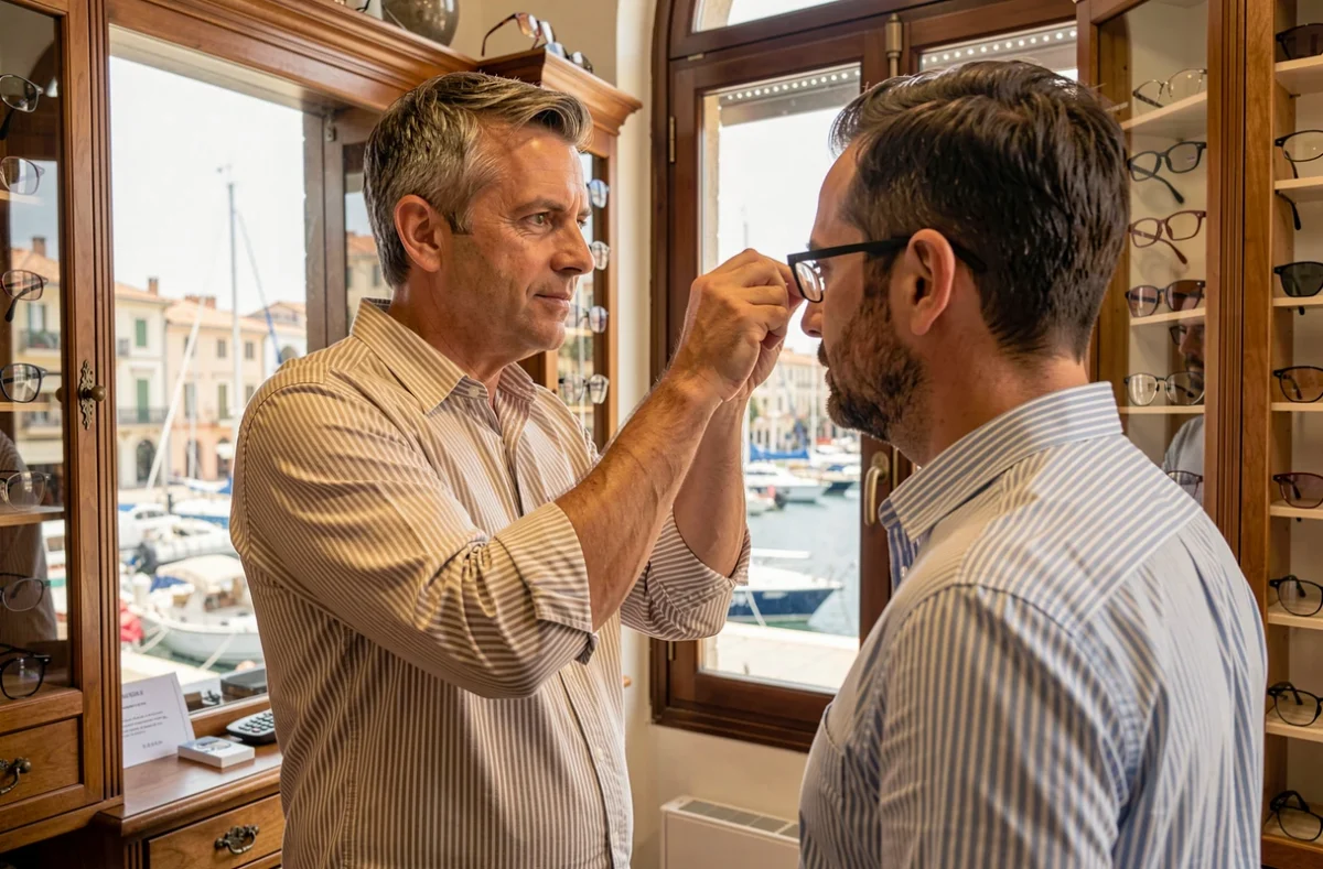 Opticien d'Oziris Optique Corderie ajustant des lunettes sur un client avec vue sur le Vieux-Port de Marseille en arrière-plan