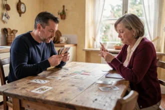 Deux joueurs adultes en train de jouer une partie de belote autour d'une table en bois dans une cuisine rustique française