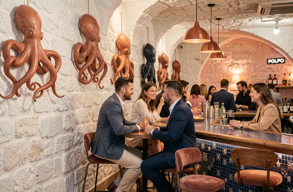 L'intérieur méditerranéen et artistique du club Polpo dans les Hauts-de-Seine avec son bar en mosaïque et ses sculptures en terre cuite