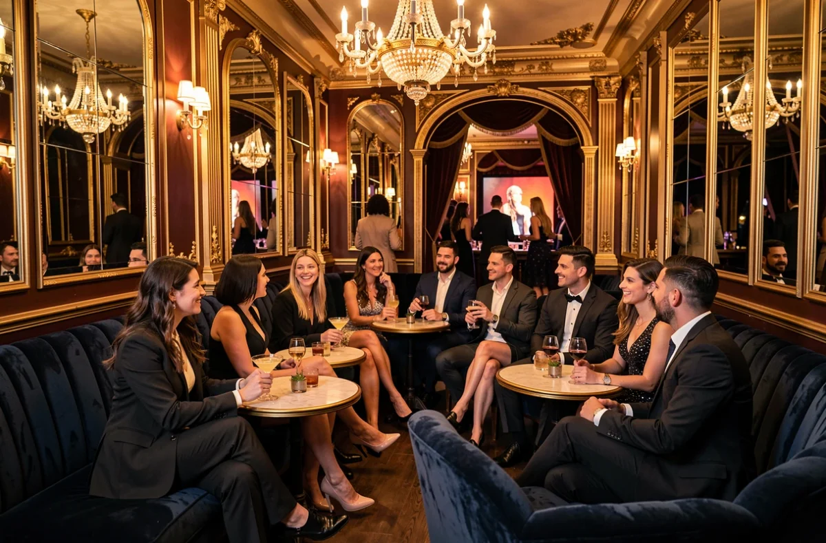 Intérieur chic et doré du club Rastignac dans les Hauts-de-Seine avec banquettes en velours et décor baroque élégant