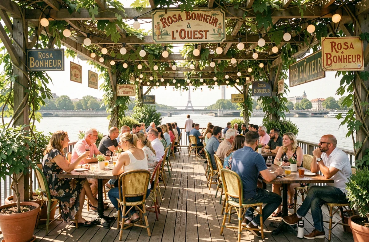 La terrasse guinguette conviviale et colorée de Rosa Bonheur à l'Ouest dans les Hauts-de-Seine avec ses tables vintage et ses lumières festives