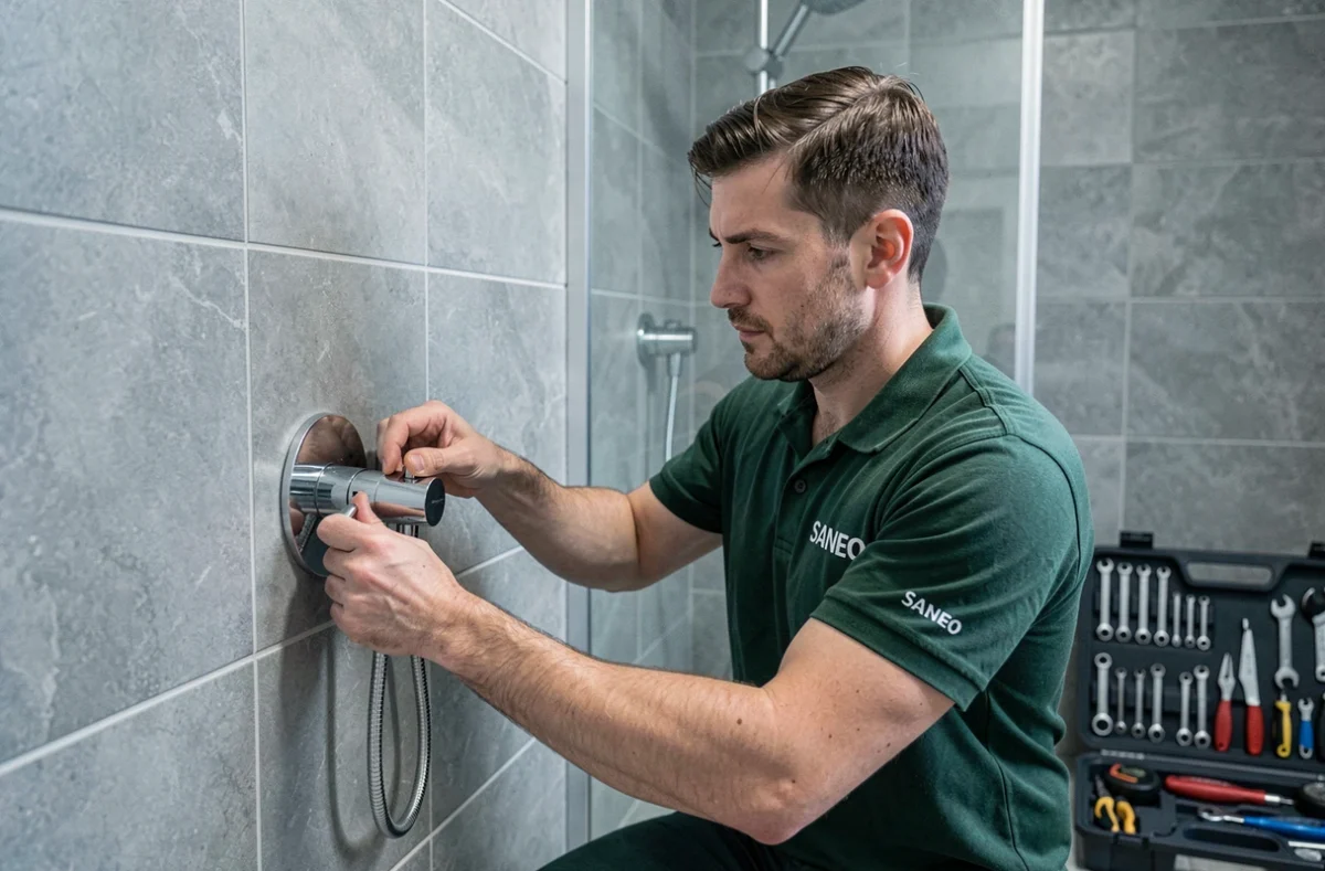 Technicien SANEO installant une valve de douche thermostatique dans une salle de bain rénovée à Nancy