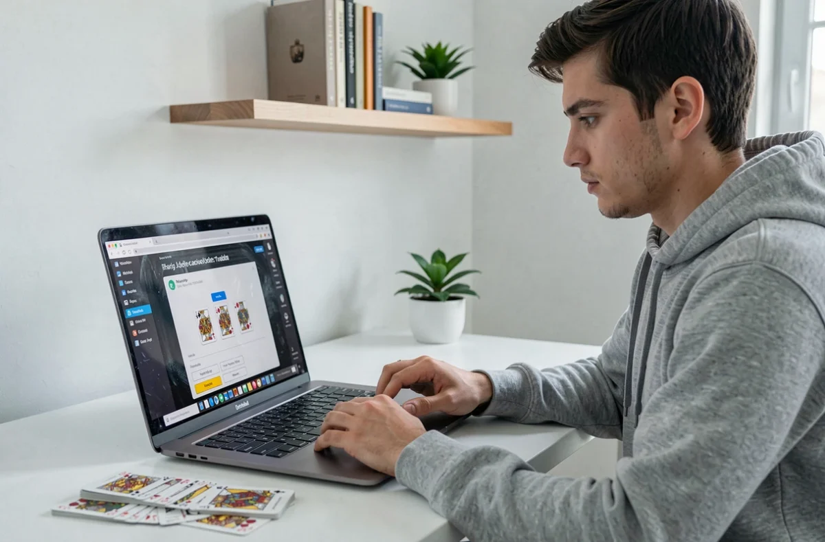 Jeune homme suivant un tutoriel vidéo de belote sur ordinateur portable avec un jeu de cartes posé sur son bureau moderne