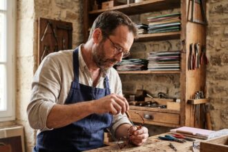 Artisan opticien français assemblant des montures de lunettes à la main dans son atelier traditionnel
