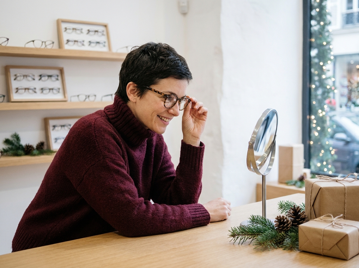 Femme essayant des lunettes fabriquées en France dans une boutique d'optique décorée pour les fêtes
