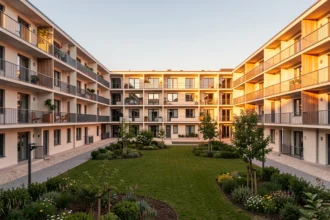 Immeuble de logements sociaux au coucher du soleil