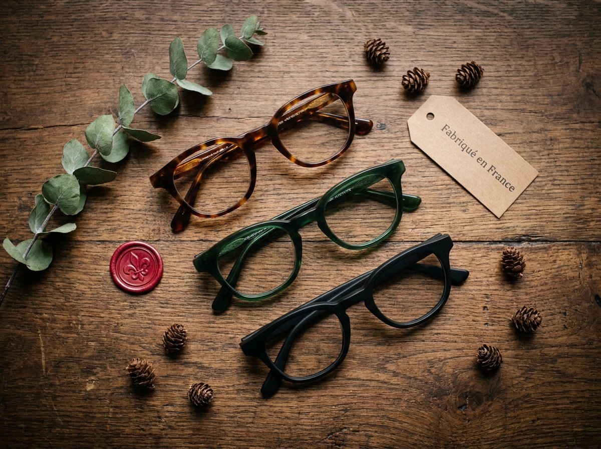 Lunettes artisanales fabriquées en France présentées en flat-lay avec décoration de Noël sur bois rustique