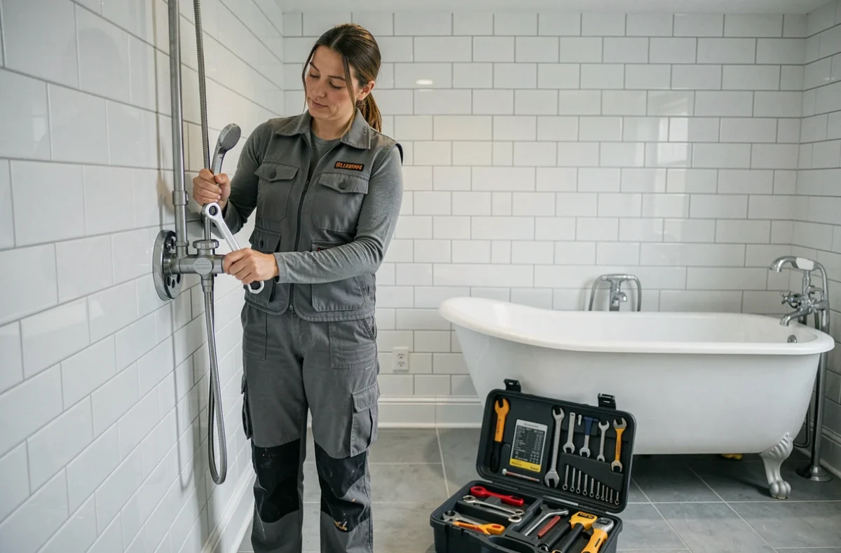 Plombière expérimentée réparant une valve de douche dans une salle de bain en Auvergne